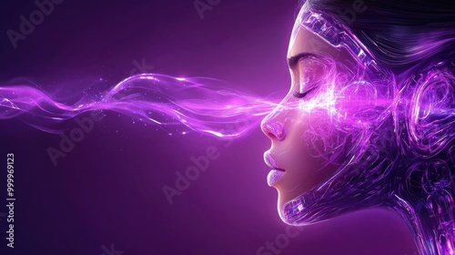 Futuristic woman with digital aura and purple light effects photo