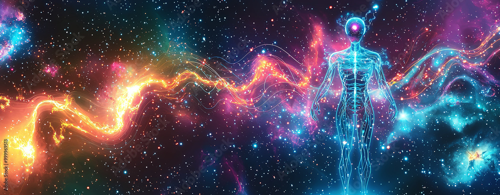 glowing AI figure stands amidst vibrant cosmic background, showcasing neural pathways illuminated in bright colors. This captivating scene evokes sense of wonder and exploration of universe glowing AI figure stands amidst vibrant cosmic background, showcasing neural pathways illuminated in bright colors. This captivating scene evokes sense of wonder and exploration of universe