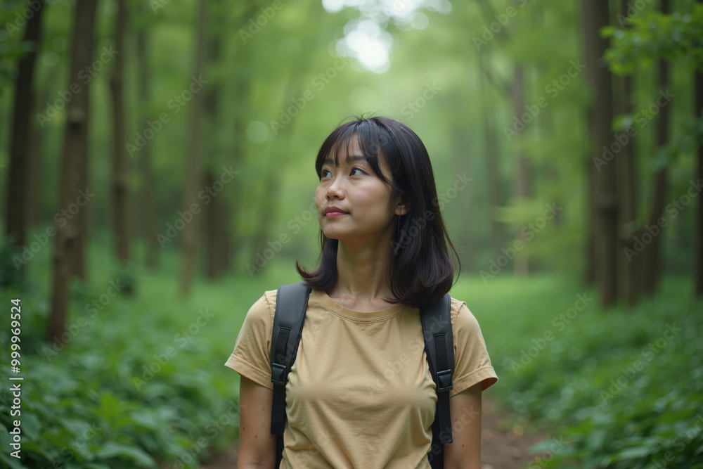 person traveler standing at the deep jungle tree, generative AI person traveler standing at the deep jungle tree, generative AI