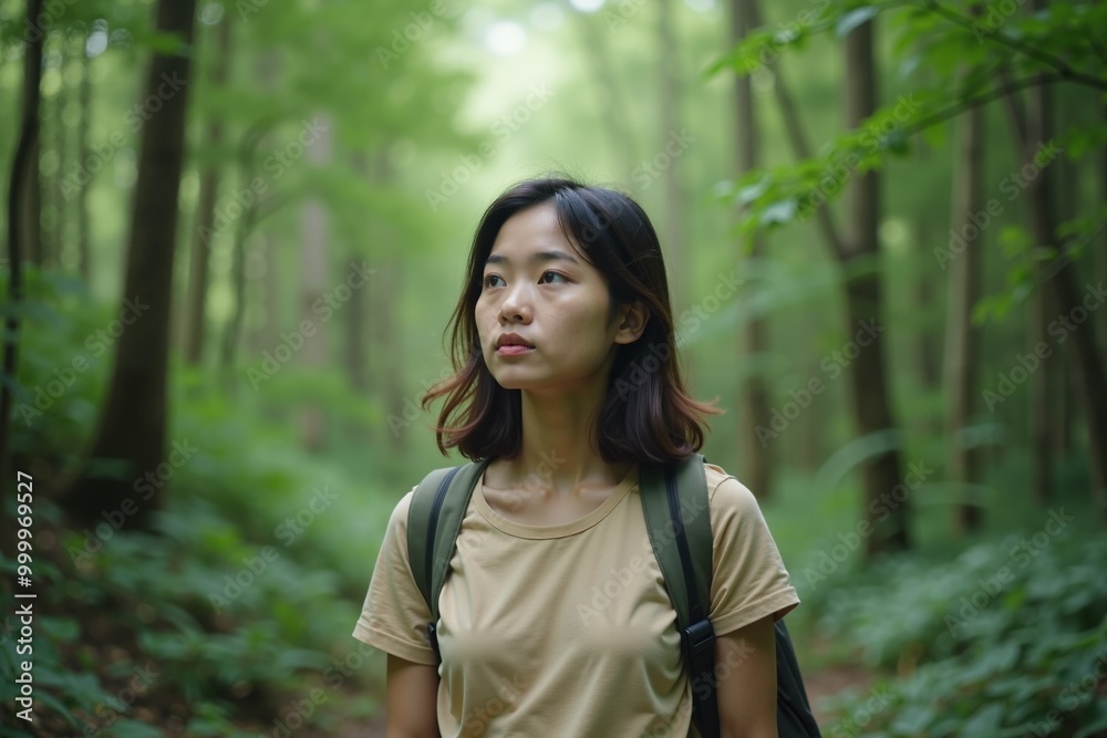 person traveler standing at the deep jungle tree, generative AI person traveler standing at the deep jungle tree, generative AI
