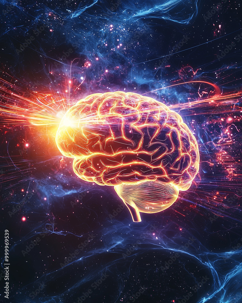 glowing human brain immersed in cosmic environment, radiating energy and light. This vibrant image symbolizes creativity, intelligence, and vast potential of mind glowing human brain immersed in cosmic environment, radiating energy and light. This vibrant image symbolizes creativity, intelligence, and vast potential of mind