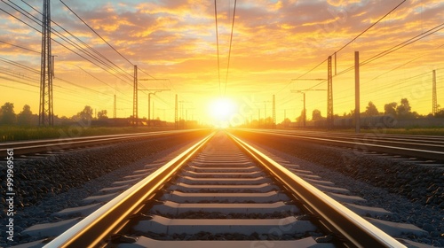Railway tracks under a beautiful sunset sky
