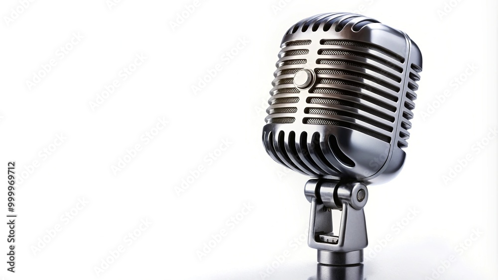 Fototapeta premium High angle view of vintage vocal microphone on white background with copy space