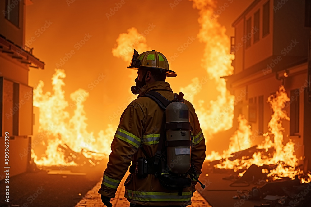 fireman with protective outfit and hose working at fire event, generative AI fireman with protective outfit and hose working at fire event, generative AI