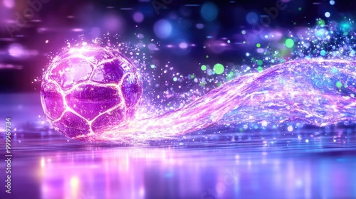 Dynamic neon soccer ball with floating light trails in a futuristic setting