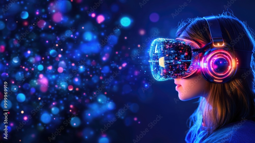 Immersive virtual reality experience with futuristic headset and neon lights Immersive virtual reality experience with futuristic headset and neon lights