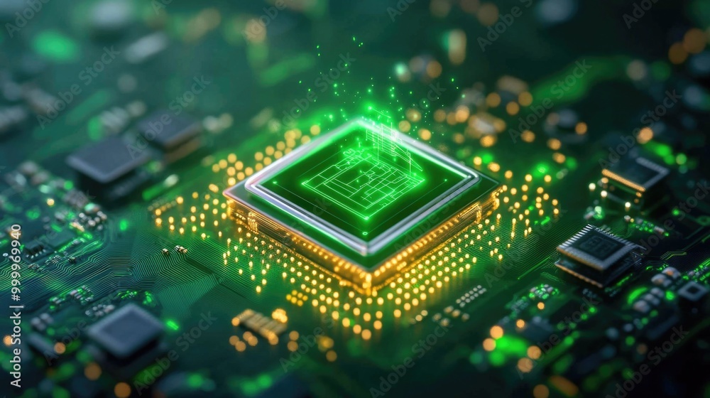 Futuristic green microchip with glowing circuitry and sparkling connections Futuristic green microchip with glowing circuitry and sparkling connections