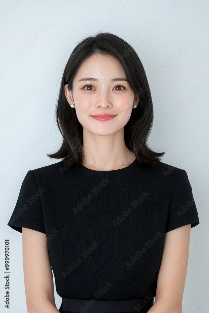Photo of Asian woman in short sleeve shirt smiling and looking at something emotional on white background. Photo of Asian woman in short sleeve shirt smiling and looking at something emotional on white background.