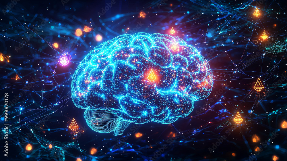 glowing human brain surrounded by vibrant neural connections and warning symbols, representing advanced technology and artificial intelligence. image evokes sense of innovation and exploration glowing human brain surrounded by vibrant neural connections and warning symbols, representing advanced technology and artificial intelligence. image evokes sense of innovation and exploration