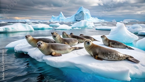 High angle view of Weddell seals on iceberg in Antarctica photo