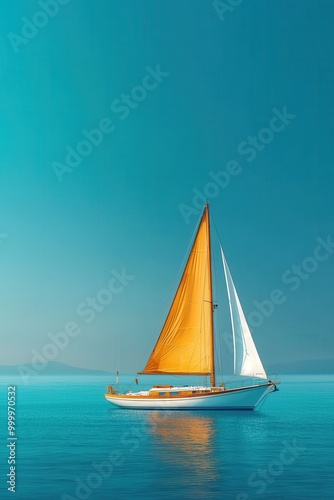 A vibrant sailboat with an orange sail glides on calm blue waters, providing a serene backdrop perfect for travel and adventure themes.