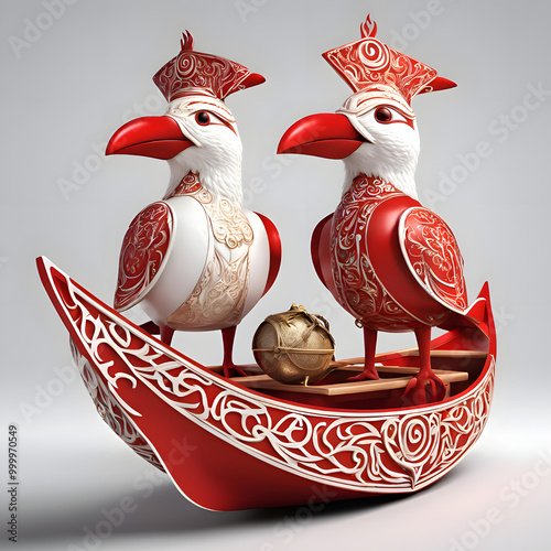 Whimsical fantasy unique birds with viking attribute standing on boat photo