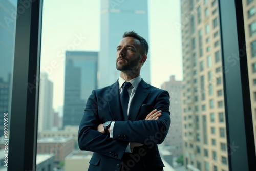 person executive standing and thinking with building tower in background at the office, generative AI