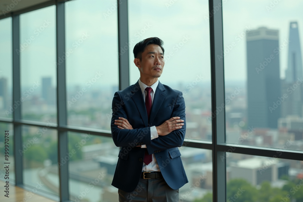 person executive standing and thinking with building tower in background at the office, generative AI