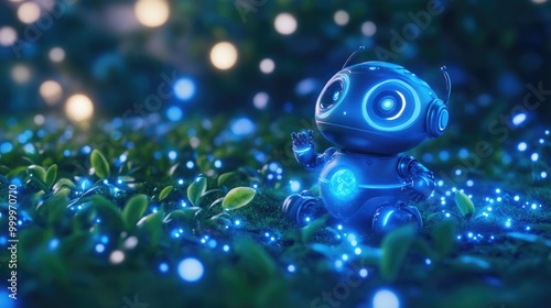 Cute robot among glowing plants in enchanted night garden photo