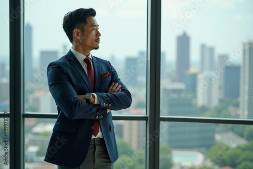 person executive standing and thinking with building tower in background at the office, generative AI