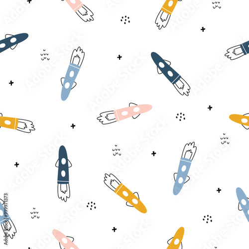 Baby seamless pattern space background with rocket on white background hand drawn style cartoon design