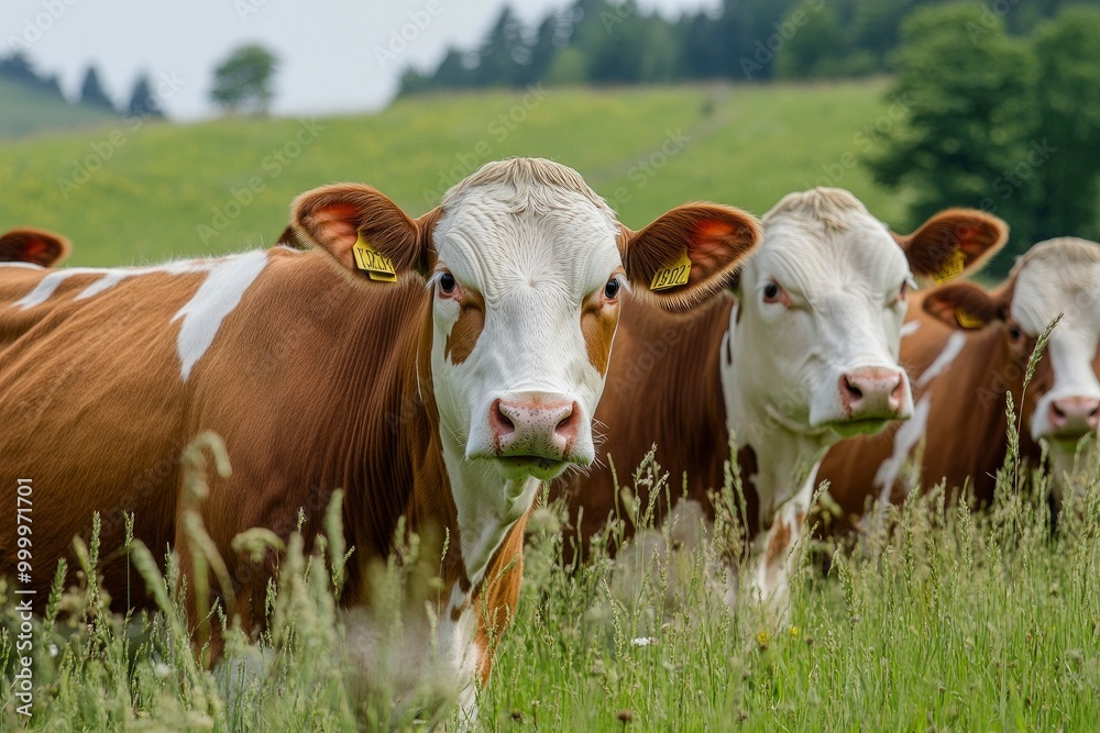 Cows are grazing on a meadow. Cattle cow pasture in a green field. Dairy cattle at pasture on hill in rural. Cattle Breed pasture on grass field. Cow is looking at camera. generative ai Cows are grazing on a meadow. Cattle cow pasture in a green field. Dairy cattle at pasture on hill in rural. Cattle Breed pasture on grass field. Cow is looking at camera. generative ai