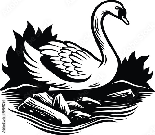 Graceful Swan Swimming in Tranquil Lake Vector Design 