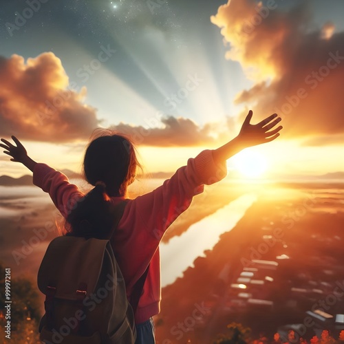 A child stands, arms outstretched as if embracing the dawn and the limitless possibilities it holds. A bright sunrise blends the boundaries of dream and reality. A symbol of freedom and hope. photo