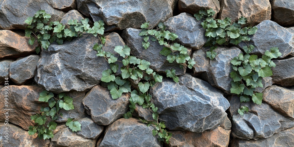 A Rugged Stone Wall With Lush Green Vines Crawling Across Its Surface, Capturing The Resilience Of Nature In The Face Of Harsh Terrain A Rugged Stone Wall With Lush Green Vines Crawling Across Its Surface, Capturing The Resilience Of Nature In The Face Of Harsh Terrain