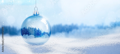 Weihnachtskugel aus Glas vor verschneiter Landschaft im Hintergrund