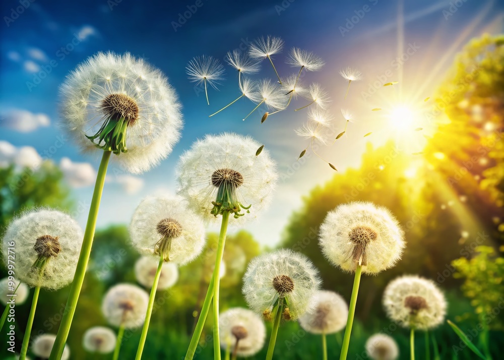 Delicate Dandelions Blowing in the Breeze, Capturing Nature's Beauty and Fleeting Moments of Life Delicate Dandelions Blowing in the Breeze, Capturing Nature's Beauty and Fleeting Moments of Life