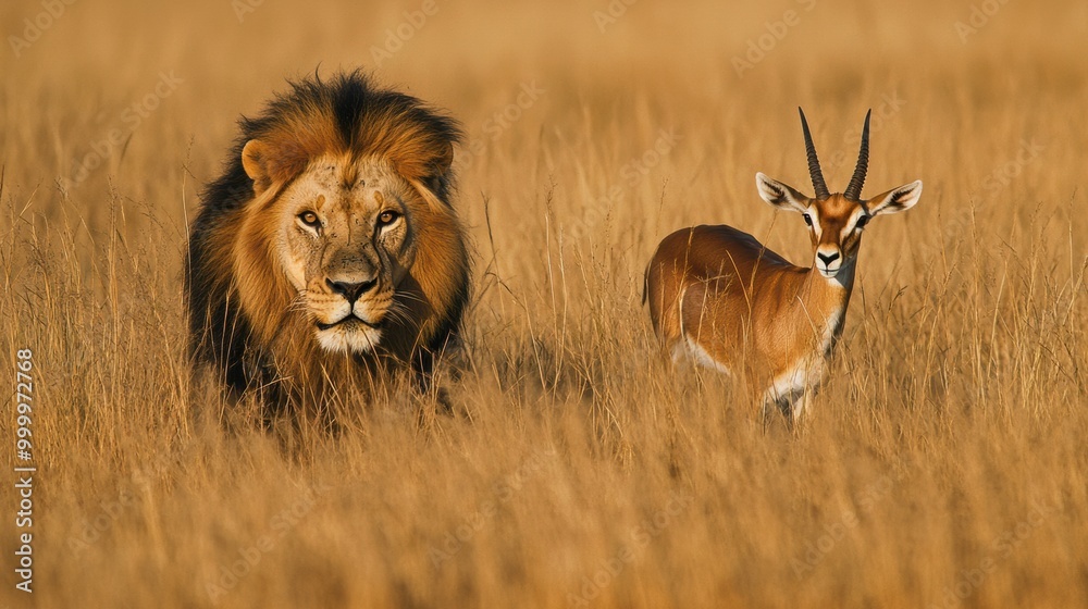 Obraz premium Majestic Lion and Gazelle in Golden Savanna Grass