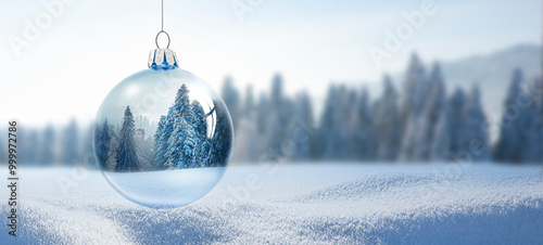 Weihnachtskugel aus Glas vor verschneiter Landschaft im Hintergrund