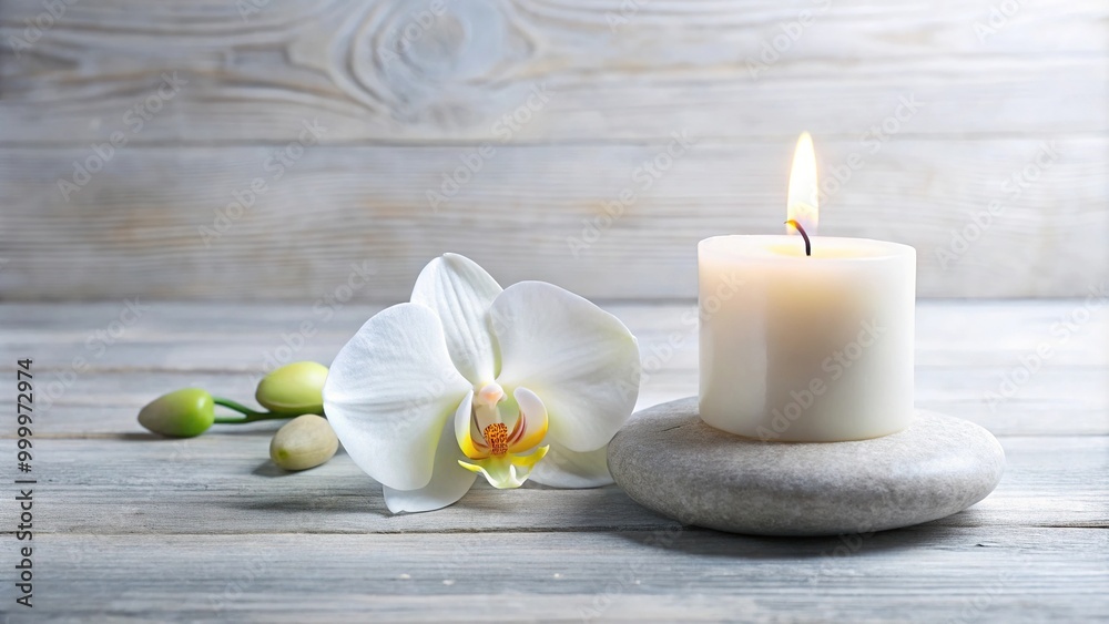 High angle Zen stone candle and orchid flower on white background High angle Zen stone candle and orchid flower on white background