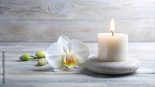 High angle Zen stone candle and orchid flower on white background