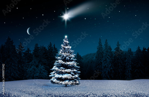 Weihnachtsbaum in kalter winternacht mit beleuchteter Hütte