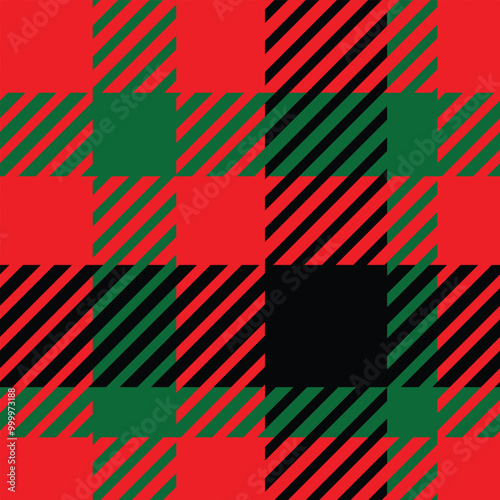 A vibrant plaid pattern featuring red, green, and black squares, creating a festive and eye-catching design suitable for holiday decor.