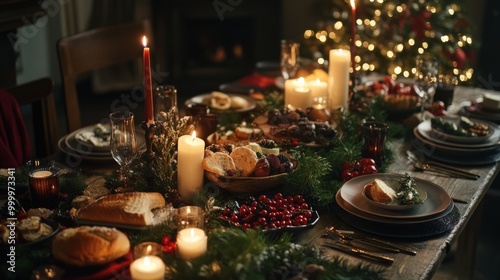 A detailed Christmas-themed dining table with festive decorations, candles, plates, and a variety of delicious food and drinks, creating a cozy holiday ambiance