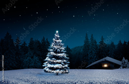 Weihnachtsbaum in kalter winternacht mit beleuchteter Hütte
