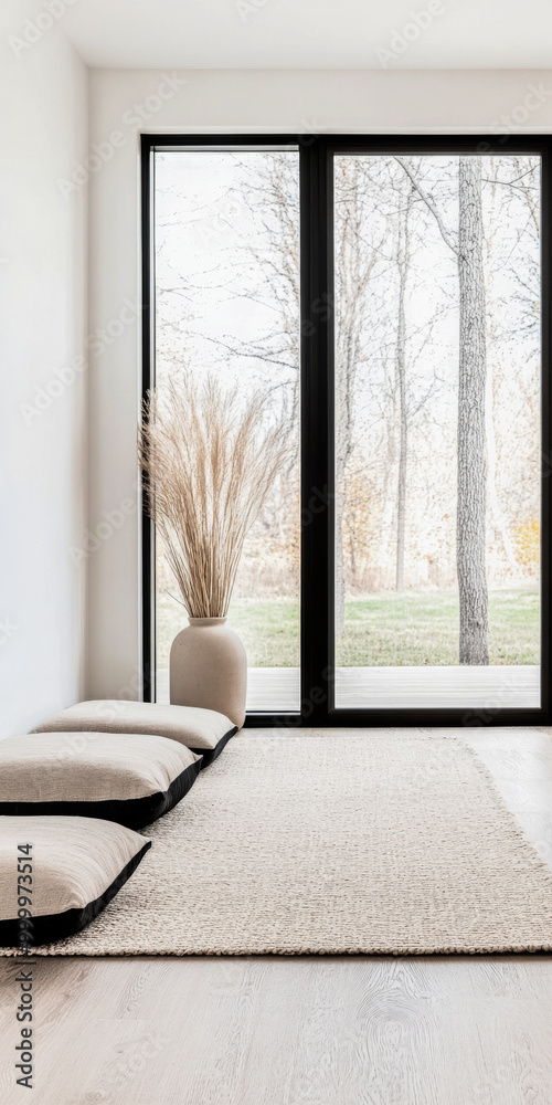 Cozy indoor seating area with natural light and minimalist decor overlooking a serene outdoor landscape in early sunlight Cozy indoor seating area with natural light and minimalist decor overlooking a serene outdoor landscape in early sunlight