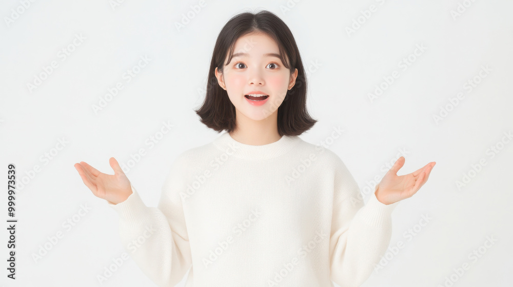 Happy and excited Asian girl smiling on white background Happy and excited Asian girl smiling on white background