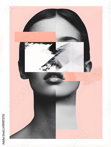 A woman's face with a geometric abstract collage overlay in pink and white on a light pink background.