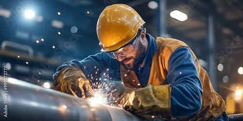 A focused worker in safety ...