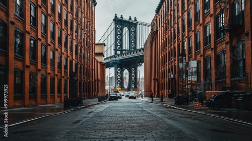 Manhattan Bridge in New York City, view from the street between brick buildings, New York City, Architectural photography. photo