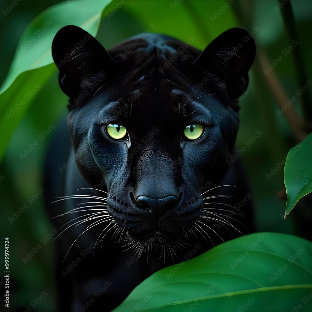 Dangerous black panther animal green leaves green eyes Dangerous black panther animal green leaves green eyes