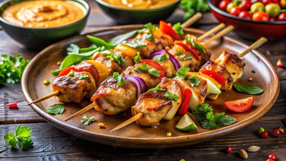 Delicious Grilled Chicken Satay Skewers Served with Peanut Sauce and Fresh Vegetables on Plate Delicious Grilled Chicken Satay Skewers Served with Peanut Sauce and Fresh Vegetables on Plate