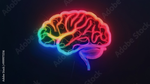 side view of a human brain illustration in colorful neon lights line on white background