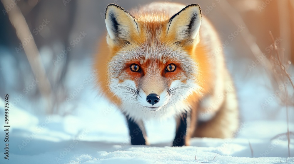 Obraz premium Majestic Red Fox Walking Through Snowy Landscape