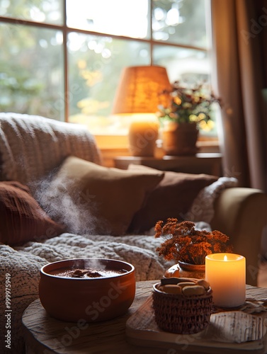 A cozy living room with a steaming bowl of soup, a lit candle, and a warm blanket on the sofa in front of a window.