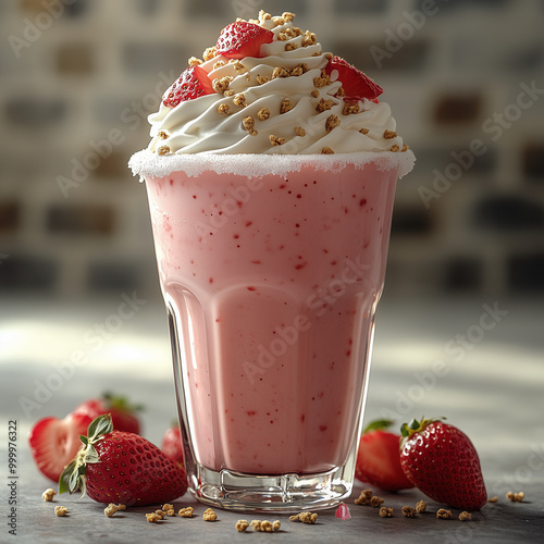 Refreshing Strawberry Milkshake with Whipped Cream and Fresh Strawberries in Glass photo