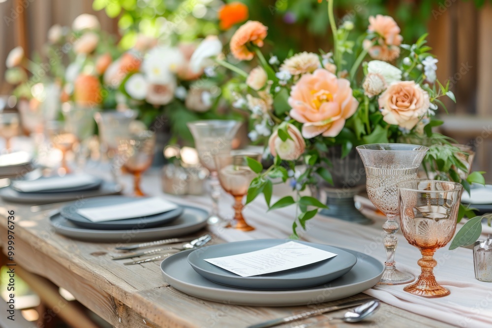 Rustic Wedding Table with Gray Plates, White and Peach Glasses, Fresh Flowers, and Menu Card Space Rustic Wedding Table with Gray Plates, White and Peach Glasses, Fresh Flowers, and Menu Card Space
