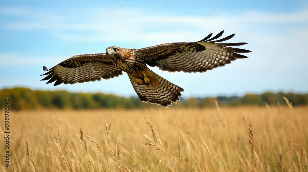 Fototapeta premium Majestic Hawk Soaring Over Golden Grassland