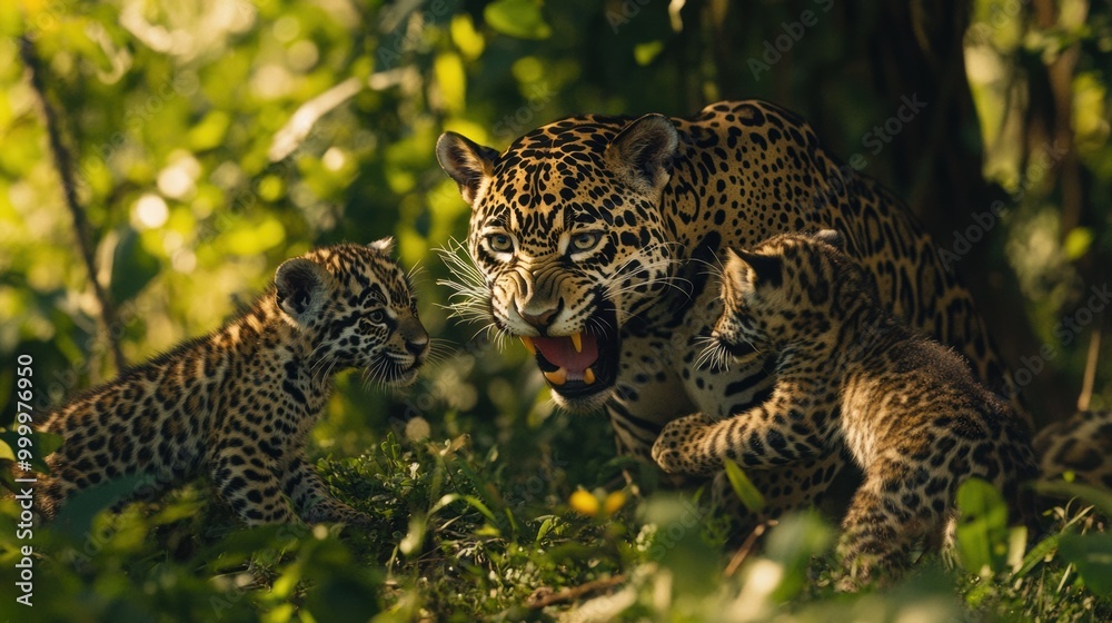Mother Jaguar with Two Playful Cubs in Jungle Mother Jaguar with Two Playful Cubs in Jungle