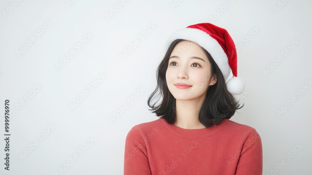 Photo of Asian woman wearing red shirt, Santa hat on white background. Photo of Asian woman wearing red shirt, Santa hat on white background.